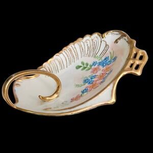 Vintage Hand Painted Porcelain Ring Dish B Davis 69 Gold Gilt Floral